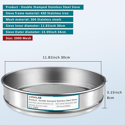 304 Stainless Steel Lab Sieve Screen Mesh, 2000 Mesh(0.0075mm) Aperture Test Sieve, 12Inch(30cm) Diameter Economy Standard Analysis Sample Test Sieves for Industrial Laboratory Homes