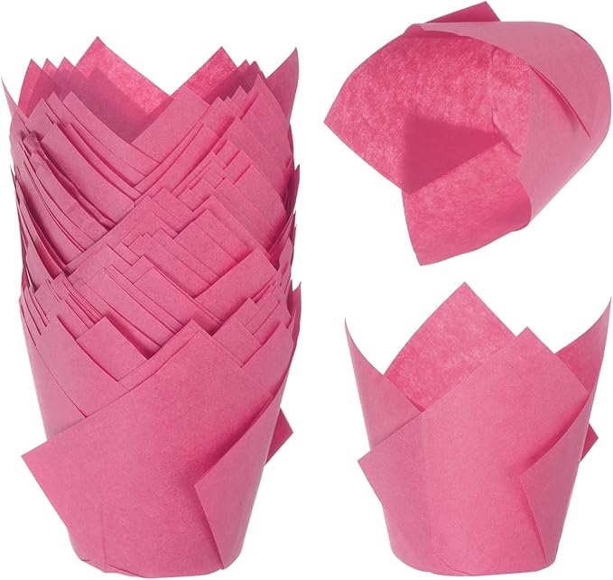 uxcell 50 Pcs Tulip Baking Cups Cupcake Muffins Liners Paper Greaseproof Wrappers for Wedding Birthday Party Festivals Christmas, Pink