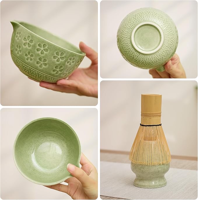 Matcha Whisk Set - Traditional Bamboo Chasen with Bowl, Complete Matcha Tea Making Kit & Starter Tools for Authentic Japanese Ceremony (Mottled Green01, 8pcs/set,Bowl entry-level Set)