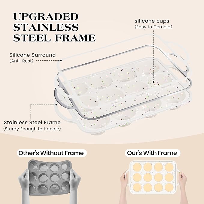 3 Pcs Silicone Baking Pan Set - Including 1 Pc Mini Loaf Pan, Standard Muffin Pan and Mini Muffin Pan - Silicone Cupcake Molds With Metal Reinforced Frame (Cream)