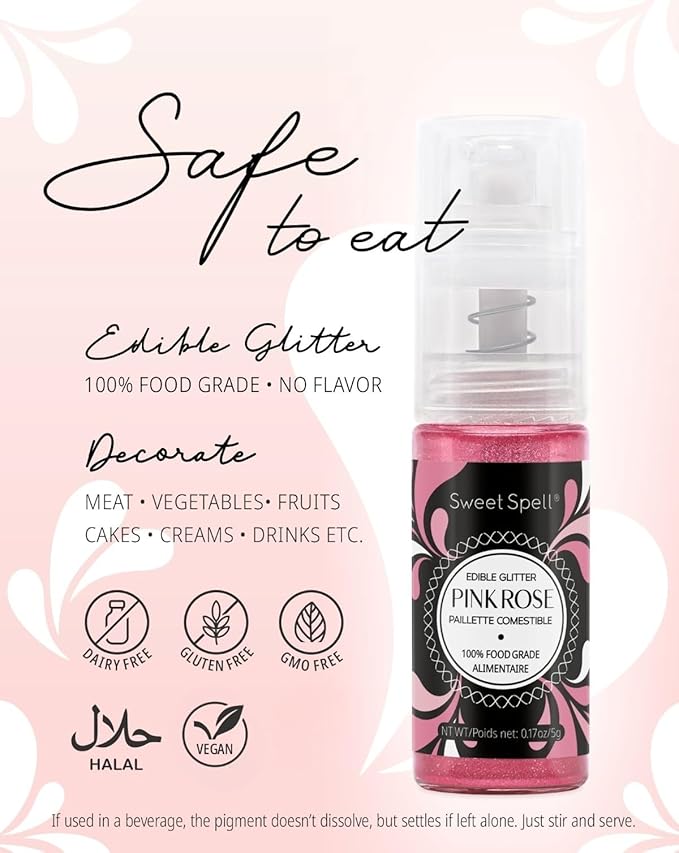 Sweet Spell Edible Cake Glitter Spray – Shimmering Magic for Cakes Decorating & Cocktails – 100% Edible, Food-Grade, Vegan, Gluten-Free (Pink)