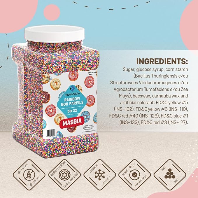 Dependable Food Rainbow Nonpareils – 38 Oz. Bulk Container - Gluten-Free, Kosher, Colorful Ball Sprinkles for Decorating, Cupcakes & More - Resealable Jar