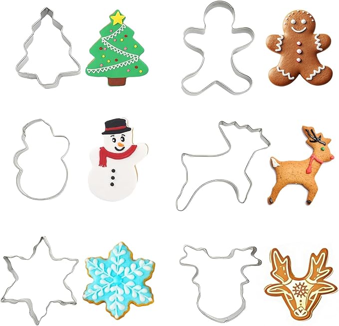 Christmas Cookie Cutter Set 6 Pack Stainless Steel Holiday Shapes (Snowman, Tree, Gingerbread Man, Snowflake, Reindeer) for DIY Baking Decoration, Home and Party Use