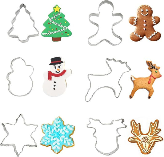 Christmas Cookie Cutter Set 6 Pack Stainless Steel Holiday Shapes (Snowman, Tree, Gingerbread Man, Snowflake, Reindeer) for DIY Baking Decoration, Home and Party Use