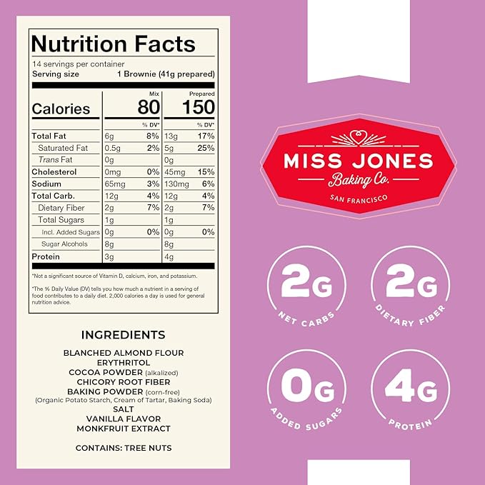 Miss Jones Baking Brownie Mix - Almond Flour, Gluten Free, Low Carb, No Sugar Added, Naturally Sweetened Desserts & Treats - Keto, Diabetic, Atkins, WW, Paleo Friendly (Pack of 2)