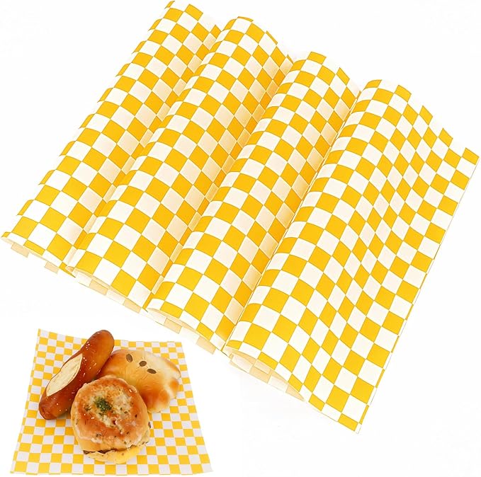 200 Pcs Wax Paper Sheets for Food Deli Wrap Paper Sheets 8.5x8.5"Food Basket Liners Checkered Square Sandwich Wraps for Burgers Bread Restaurant Barbecue Picnic(Yellow)