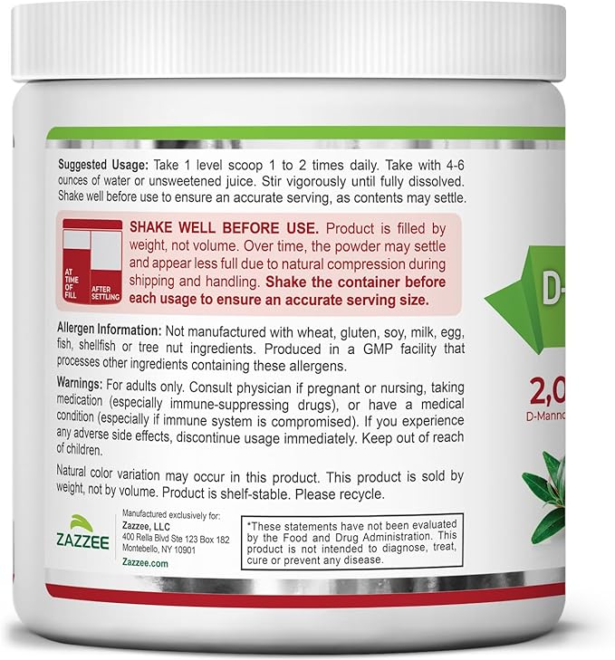 Zazzee D-Mannose Powder Plus, 2000 mg, 30 Servings, Potent & Fast-Acting, Plus 5 Billion CFU Probiotics and Pure Cranberry Juice Extract, Kosher, Free Scoop, 2.98 Oz, Gluten-Free, Non-GMO, All-Natural