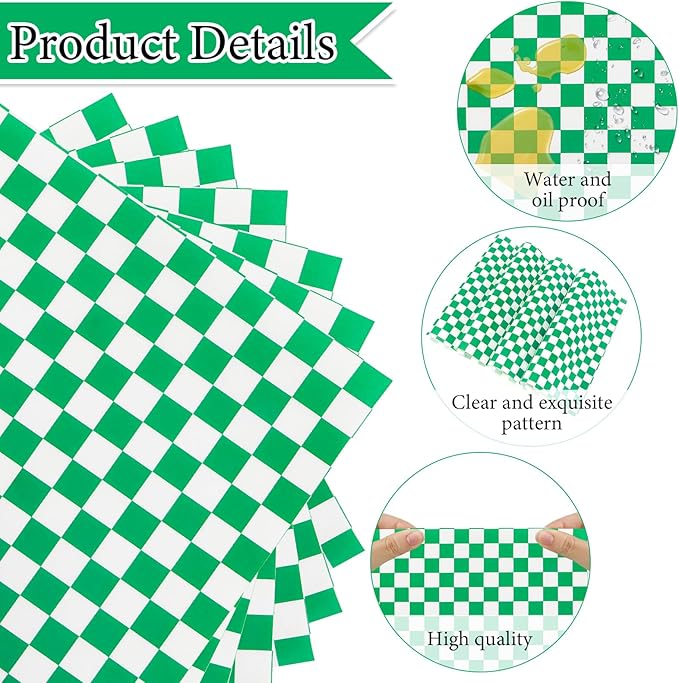 200 Pcs Wax Paper Sheets for Food Deli Wrap Paper Sheets 8.5x8.5"Food Basket Liners Checkered Square Sandwich Wraps for Burgers Bread Restaurant Barbecue Picnic(Green)