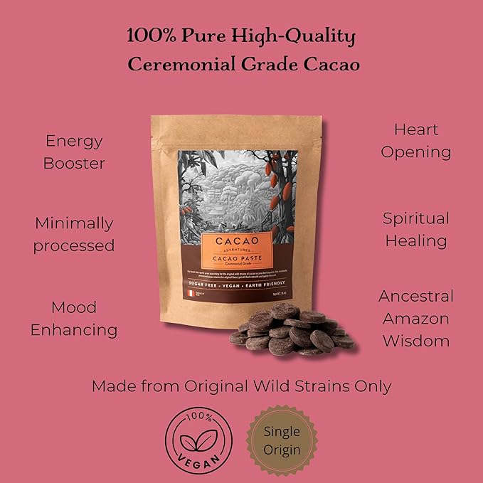 Cacao Adventures Ceremonial Cacao | Tropical Desert Peru 100% Pure Raw Cacao | Dairy Free & Vegan | Unsweetened | Ethically Sourced and Sustainably Grown | Cacao Ceremony | Piura Blanco, 8 oz