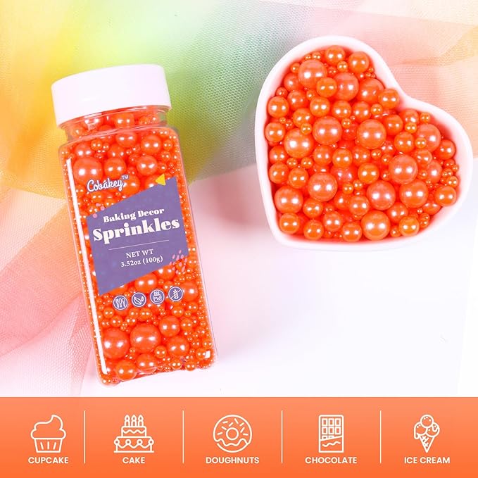 Cobakey Orange Sprinkles for Cake Decorations 3.52 ounce Edible Pearl Sprinkles for Cupcake Toppers Wedding Party Valentines Halloween Christmas Holiday Supplies
