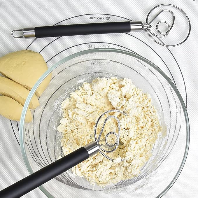 Guowall Stainless Steel Dough Whisk for Dutch Bread with Rubber Anti-slip Handle Manual Dough Mixer Pastry Blender Whisking Tools for Baking - 12 inch
