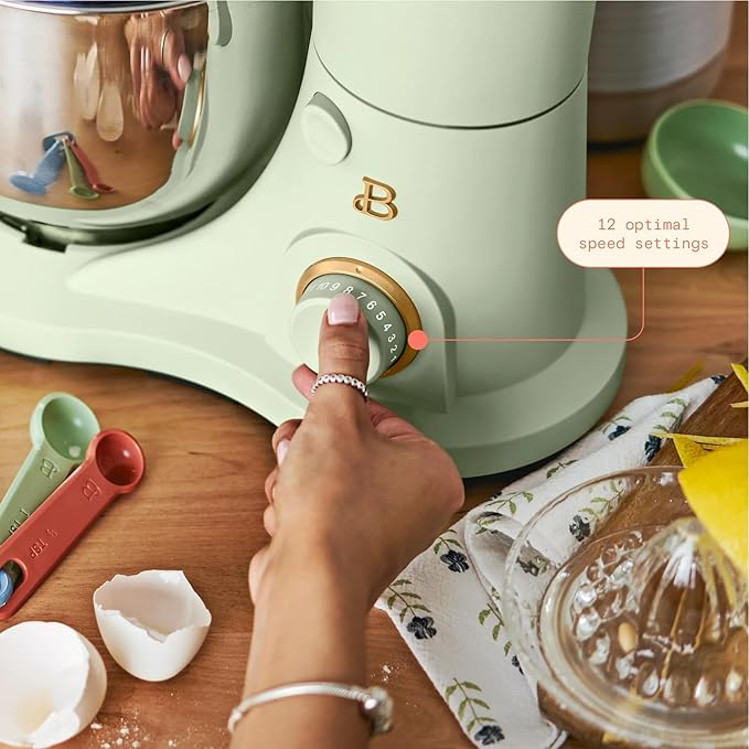 Beautiful 3.5 Qt Tilt-Head Stand Mixer | 12-Speed 300 W Motor | Stainless Bowl Beater, Dough Hook & Whisk by Drew Barrymore (Sage Green)