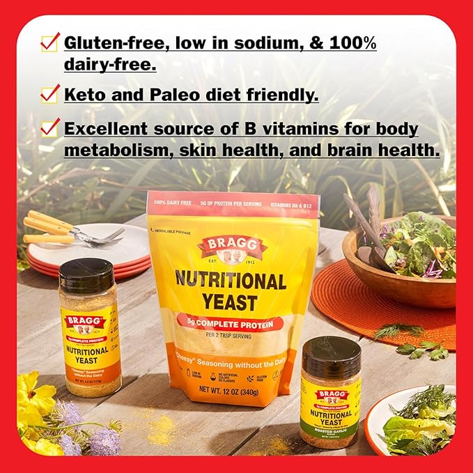Bragg Nutritional Yeast Roasted Garlic Seasoning - 3 oz - Dairy-Free Parmesan Cheese Substitute - Perfect for Salads, Pastas, Popcorn, and More
