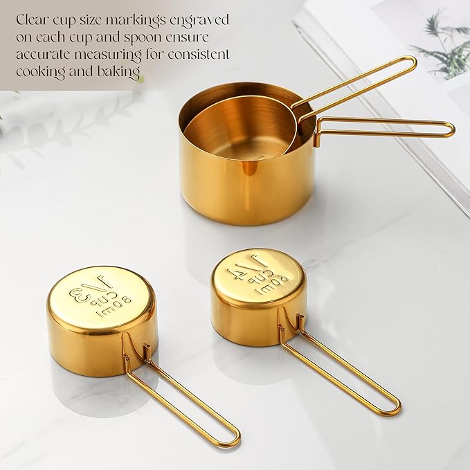 Gold Stainless Steel Measuring Cups and Spoons Set, Engrave Measurements, Dishwasher Safe, Durable Kitchen Set