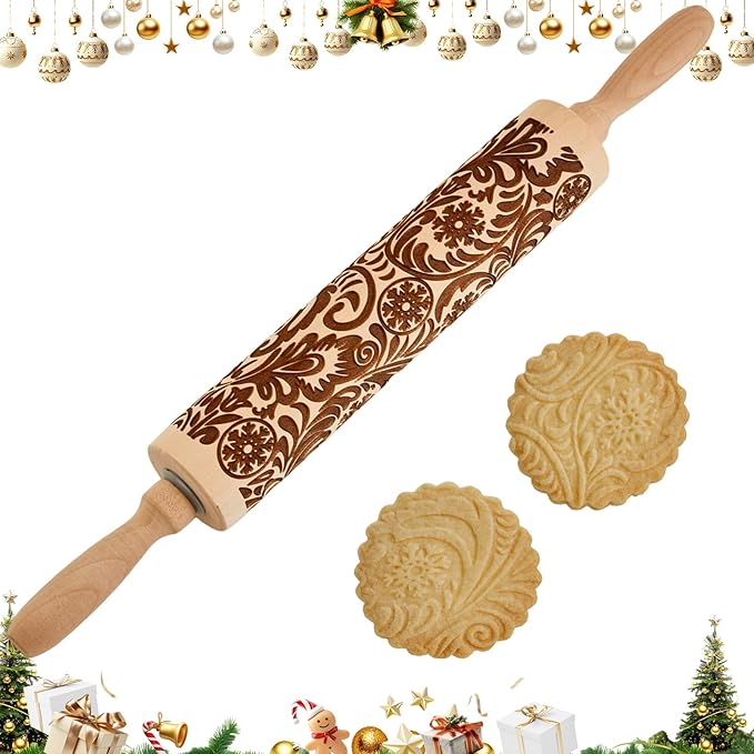 Gobam Embossed Rolling Pin for Cookies, Engraved Wooden Rolling Pin for Baking, Deep Pattern Cookie Roller for Christmas, Holiday, DIY Kitchen Decor and Gift - Snowflake