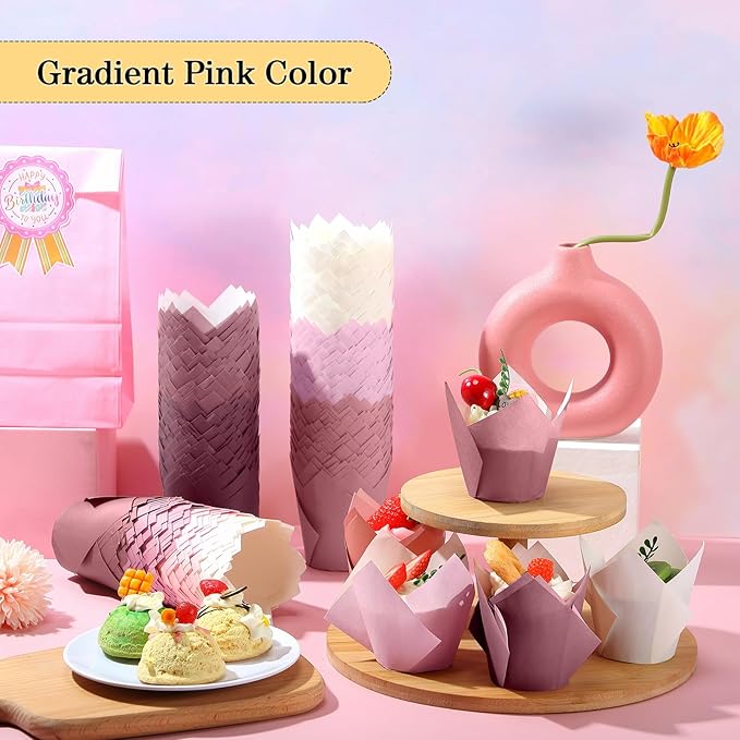 Havawish 500 Pcs Standard Size Gradient Pink Tulip Cupcake Liners, Party Baking Liners Greaseproof Cupcake Wrappers Muffin Liner Baking Cups for Wedding Birthday Baby Shower Holiday Party