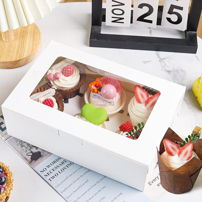 6 Pack Cupcake Boxes with Inserts 6 Holders, White Standard Bakery Boxes with Window Food Grade Cupcake Containers 6 Count for Muffins