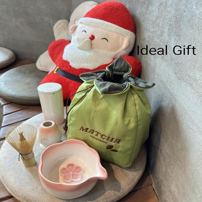 Matcha Whisk Set, 10 Pcs Large Set, Matcha Bowl with Whisk Holder and Spoon Rest All In One Bag, Sakura pink and Matcha Green, Perfect for Enthusiasts, Gift-giving, Christmas Gift