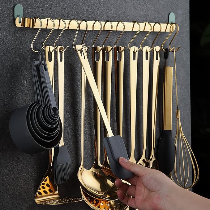 Gold Cooking Utensils Set, Kyraton Stainless Steel 37 Pieces Kitchen Utensils Set with Titanium Gold Plating, Kitchen Gadgets Tool Set with Utensils Racks Heat Resistant Dishwasher Safe