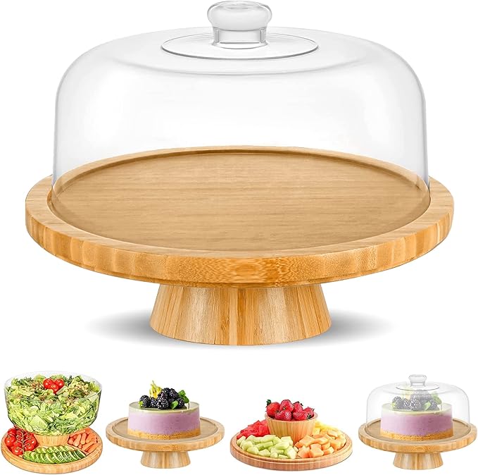 CHEF'S UNIQUE 6-in-1 Bamboo Cake Stand with Dome – Multifunctional Serving Platter, Punch Bowl, Salad Bowl, Chip & Dip Tray, Dessert Display with Clear Acrylic Cover