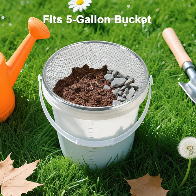 Soil Sieve Sand Rock Compost Sifter Dirt Sieve Sifting Pan Fits 5-Gallon Bucket, Soil Sifter for Gardening, 1/8in
