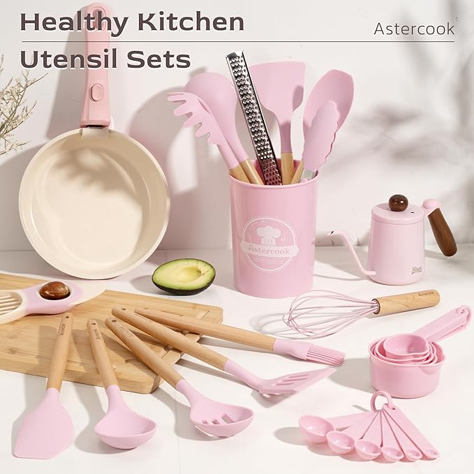 Astercook Kitchen Utensils set, 39 PCS Silicone Cooking Utensils Set with Wooden Handle, 446°F Heat Resistant Food Grade Utensil Sets, BPA Free Kitchen Gadgets Tools Set for Nonstick Cookware (Pink)