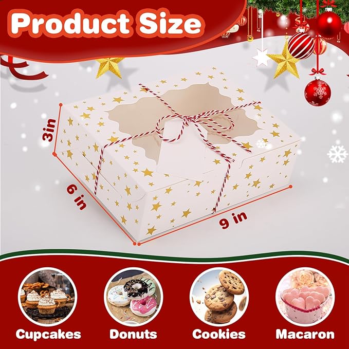 BEVOING 36 Pcs 9x6x3 Inches Christmas Cookie Boxes, White Bakery Boxes with Window Gold Foil Star Treat Boxes 9 Inch Bakery Gift Wrapping Box for Xmas Holiday Party Favor Pastries, Chocolate Covered Strawberries, Dessert, Donut