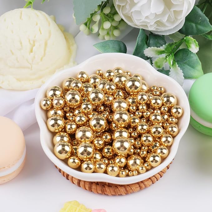 Gold Pearl Sprinkles for Cake Decorating, 4 Sizes Sugar 130g/4.6oz, Cupcake, Ice Cream, Donuts, Macaron Toppings Supplies (2mm, 4mm, 7mm, 1cm)