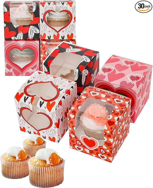 Bakepacker Vanlentine Auto-pop up Cupcake Boxes 30-Packs Vanlentine's Day Individual Cupcake Container 3.5" x 3.5" x 3.5" Single Cupcake Boxes