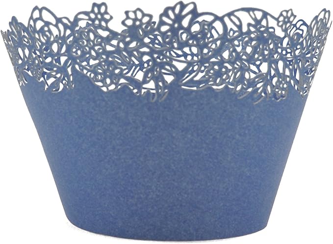 Cupcake Wrappers Pack of 50 Blue Filigree Artistic Bake Cake Paper Cups Little Vine Lace Laser Cut Liner Baking Cup Muffin Case Trays for Wedding Party Birthday Decoration -By KEIVA