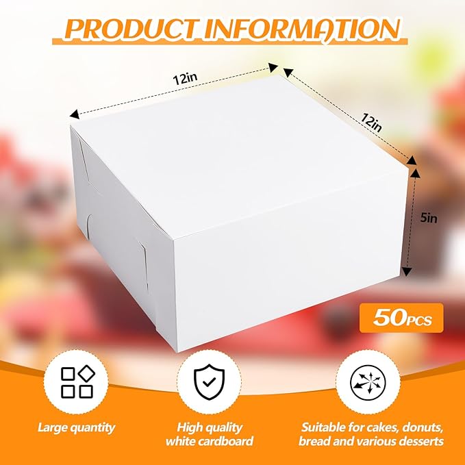 Ireer 50 Pack 12 x 12 x 5 Inch White Cake Boxes Cardboard Bakery Boxes for Pie Pastry Cookie