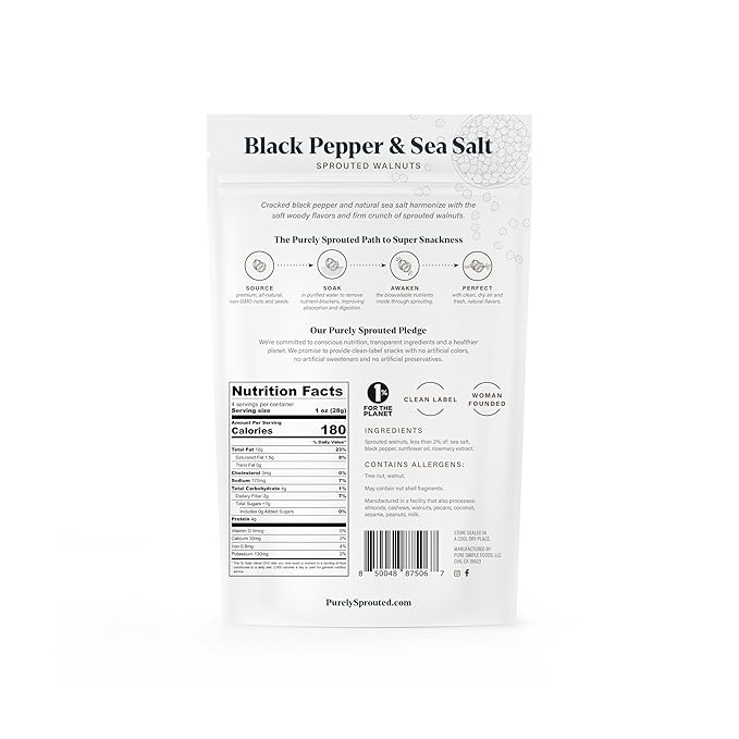 Purely Sprouted Black Pepper & Sea Salt Sprouted Walnuts, Non-GMO Superfood for Healthy, Certified USDA Organic, Gluten-Free Snacking (4 oz, 6 pack)