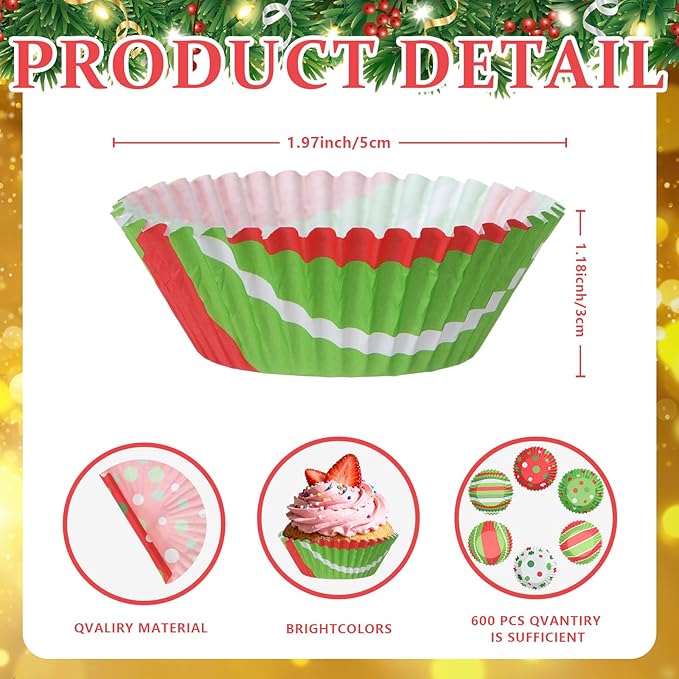 Vesici 600 Pcs Christmas Mini Cupcake Liners Red Green Candy Pattern Christmas Baking Supplies Mini Muffin Cupcake Wrappers for Xmas Holiday Birthday Party Cake Candy Chocolate Decorations Supplies