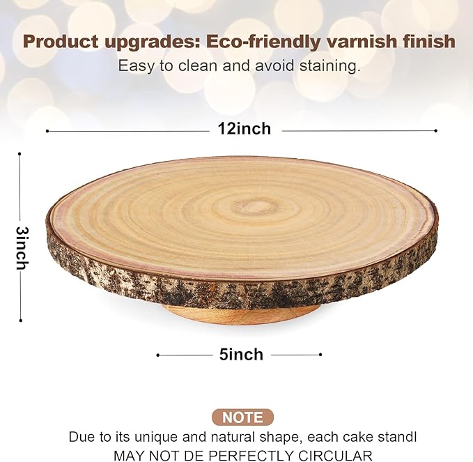 12” Wood Cake Stand with Wooden Slice Cake Topper and Cake Cutting Set, Suitable for Wedding Receptions or Any Special Events