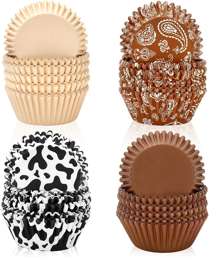 600 Pcs Western Cowboy Cupcake Liner Paper Baking Cups Brown Bandana Cow Print 4 Designs Muffin Liner Cake Storage Container for Rodeo Birthday Party DIY Crafts Supplies, 2 x 1.2 Inch