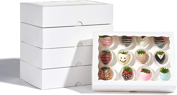 4PCS 10 x 7 x 2.5 inches Elegant Cookies Boxes, Strawberries Boxes with Display Window, White Paper Box