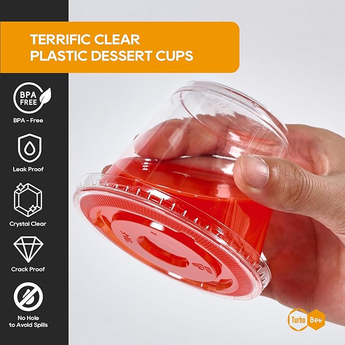 Turbo Bee 120 Pack 9 OZ Clear Plastic Cups with Flat Lids, Disposable Dessert Cups with Lids for Fruit, Snack Smoothie, Pudding and Ice Cream (No Hole)