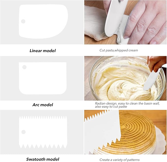 Multi-Purpose Bowl & Cake Scraper, 5-Piece Flexible Plastic Dish & Dough Cutter, Kitchen Bench Scraper - White