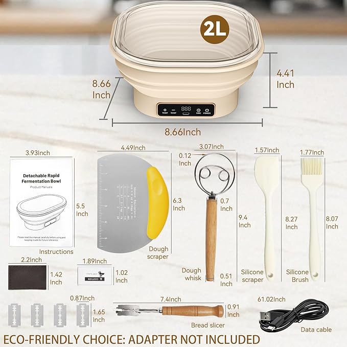 Heating Sourdough Banneton Bread Proofing Basket Kit with Timer & 6 Temp Settings, 2L Foldable Silicone Dough Proofing Box Electric Sourdough Starter Warmer Set for Dough Rising, Baking Supplies
