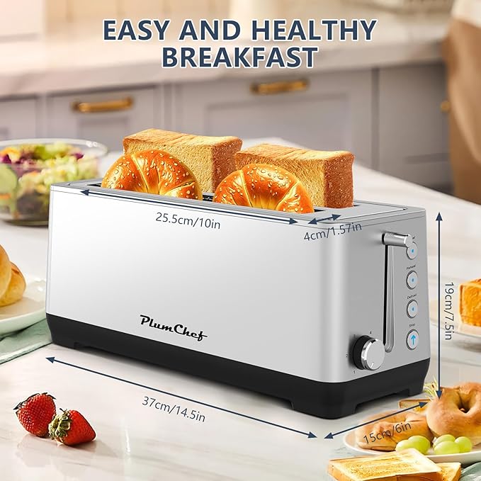 4-Slice Toaster, Extra Wide Long Slot Toaster, 6 Browning Settings, Bagel/Defrost/Reheat Functions, Removable Crumb Tray, Stainless Steel Housing (Silver)