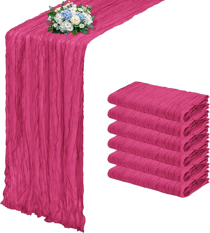 6 Pack Hot Pink Cheesecloth Table Runner 17x108 Inch Semi Sheer Boho Gauze Cheese Cloth Fabric Table Runners, for Wedding Party Baby Shower Birthday Home Decor Garden Farmhouse