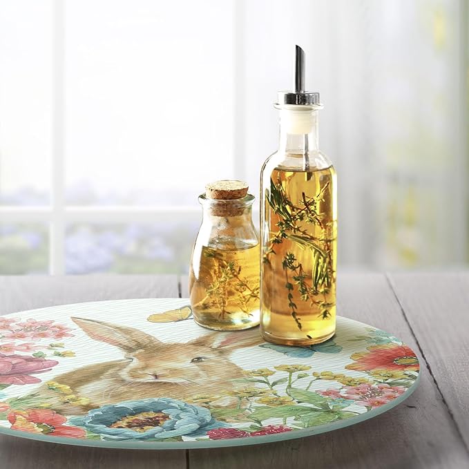 CounterArt Garden Bunny 4mm Tempered Glass Lazy Susan Turntable 13" Diameter Condiment Caddy Cake Plate Pizza Server