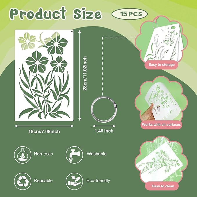 Dayker 15PCS Flower Stencils, Wildflower Leaf Painting Stencils, Reusable PET Art Drawing Templates, DIY Crafts Plant Stencil for Painting on Wood Wall Paper Canvas Home Decor