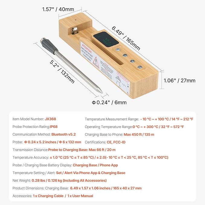 VEVOR Wireless Meat Thermometer, 500 ft Range Wireless Bluetooth Meat Thermometer, Digital Cooking Food, Waterproof Smart Meat Probe with One Probe, for Grilling, Smoker, BBQ & Oven