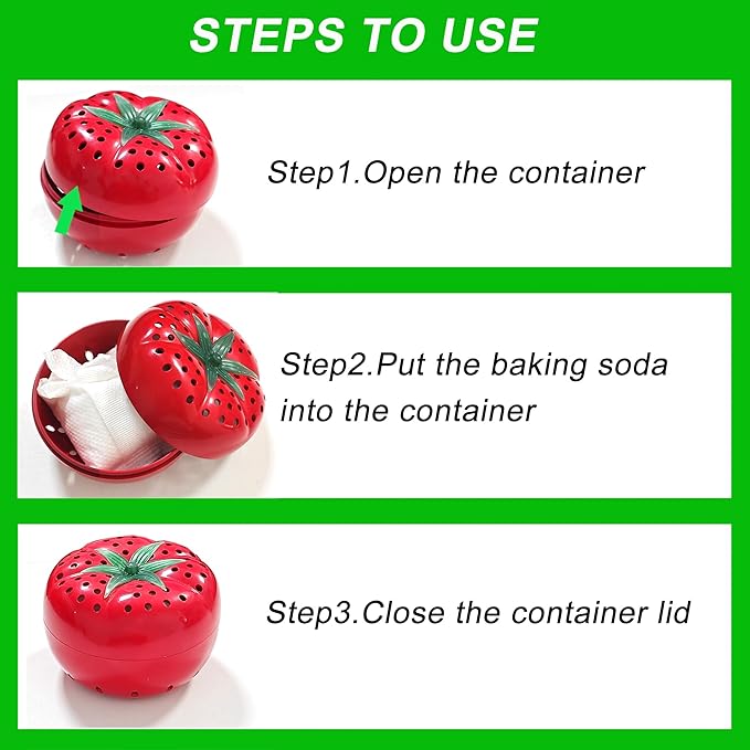 Refrigerator Deodorizer, Baking Soda Odor Absorber, 2 Reusable Baking Soda Holder and 6-Pack Baking Soda, Cute Tomato Baking Soda Container, Kitchen Gadgets