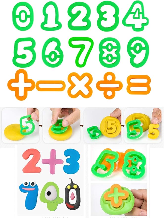 Dough Play Tools Set for Kids Letter Molds，Numeral Various Plastic Animal Molds for Creative Dough Cutting (63 Pieces)