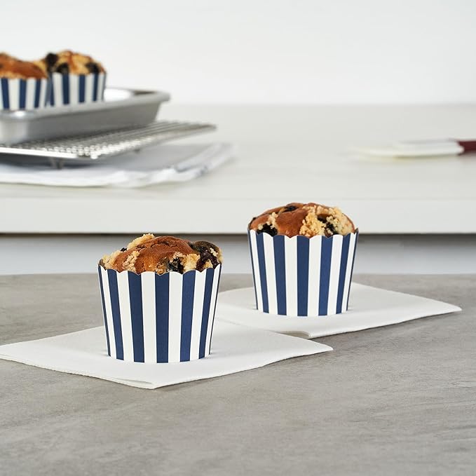 Panificio 3 Ounce Cupcake Wrappers, 200 Scalloped Baking Cups - Oven-Ready, Greaseproof, Blue Striped Paper Cupcake Liners, Disposable, For Birthdays, Baby Showers, Or Weddings - Restaurantware