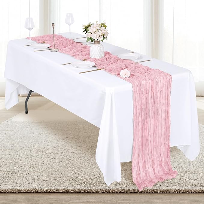 6 Pack Light Pink Cheesecloth Table Runner 17x108 Inch Semi Sheer Boho Gauze Cheese Cloth Fabric Table Runners, for Wedding Party Baby Shower Birthday Home Decor Garden Farmhouse