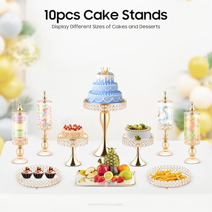 Pack of 10 Cake Stand Set with 4 x Candy Jars, 3 x Cake Stands, 2 x Round Cake Trays, 1 x Serving Tray, Dessert Table Display Set with Crystal Beads for Birthday Baby Bridal Shower Party