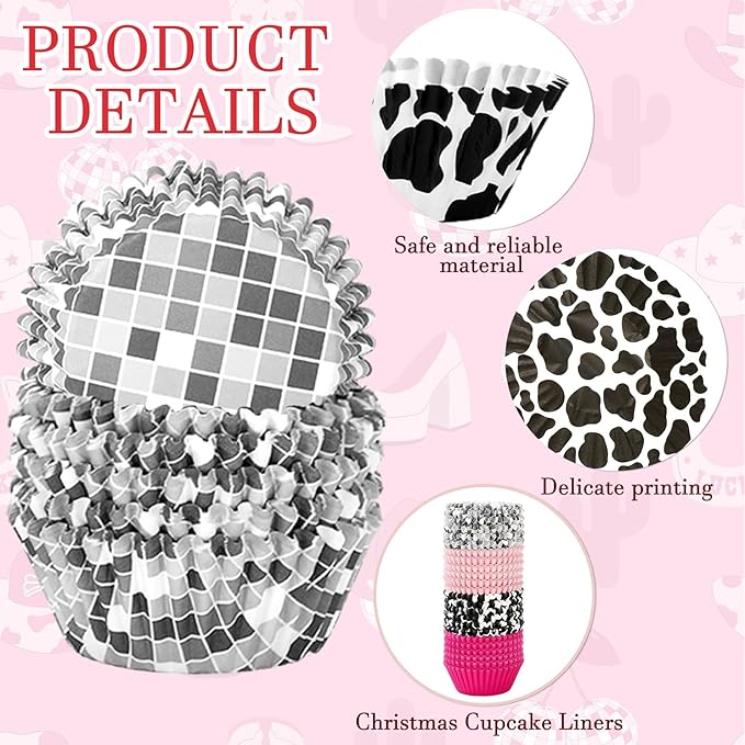 600Pcs Western Cowgirl Cupcake Liner Disco Ball Cow Print Pink Paper Baking Cup 4 Designs Muffin Liner Cake Storage Container for 80s 90s Party DIY Crafts Supplies